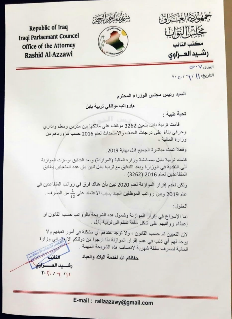 النائب رشيد العزاوي يطالب رئاسة الوزراء بصرف رواتب